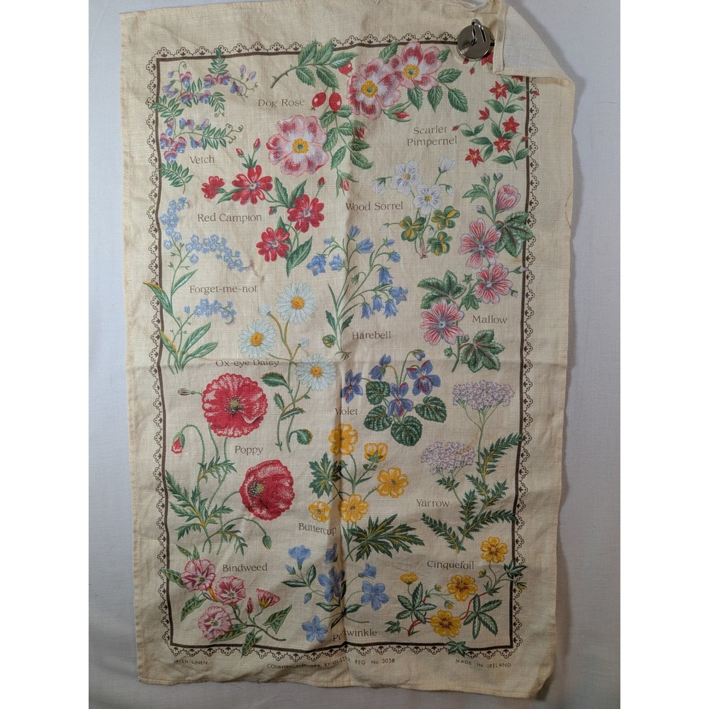 Vintage Ulster Irish Linen Tea Towel Country Flowers Botanical Made in Ireland